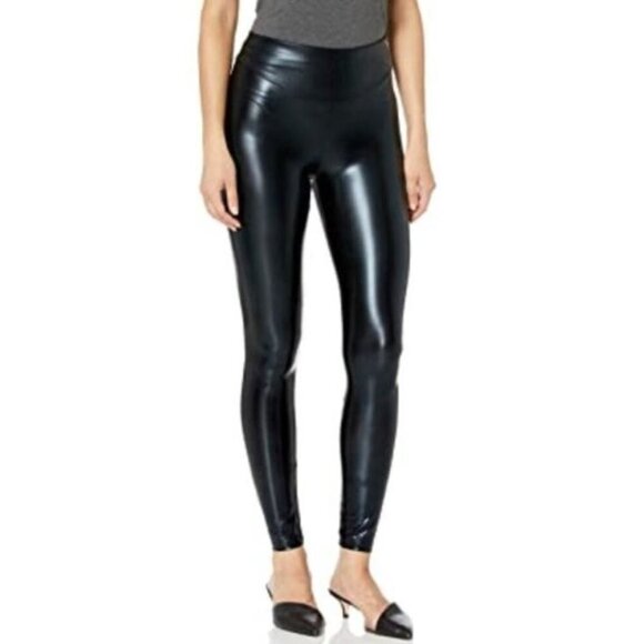 NEW in Pkg HUE Black Body Gloss Liquid Finish Leggings Size XL Moto Faux Leather - Picture 1 of 4